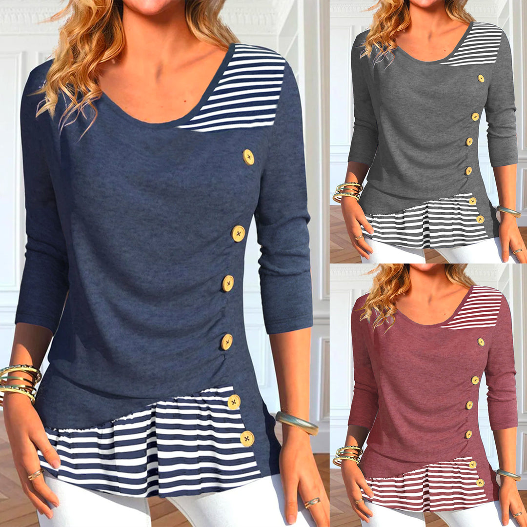 Damen Langarmshirt mit Knopfdetails und gestreiftem Saum R&B