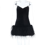 Damen Sexy Samtkleid mit Federn