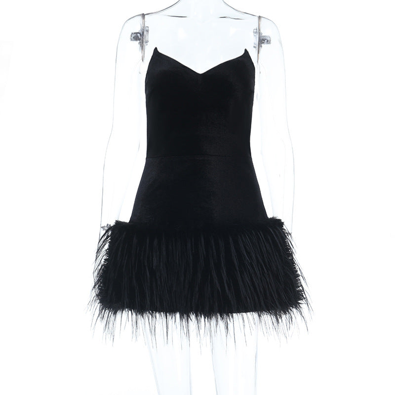 Damen Sexy Samtkleid mit Federn