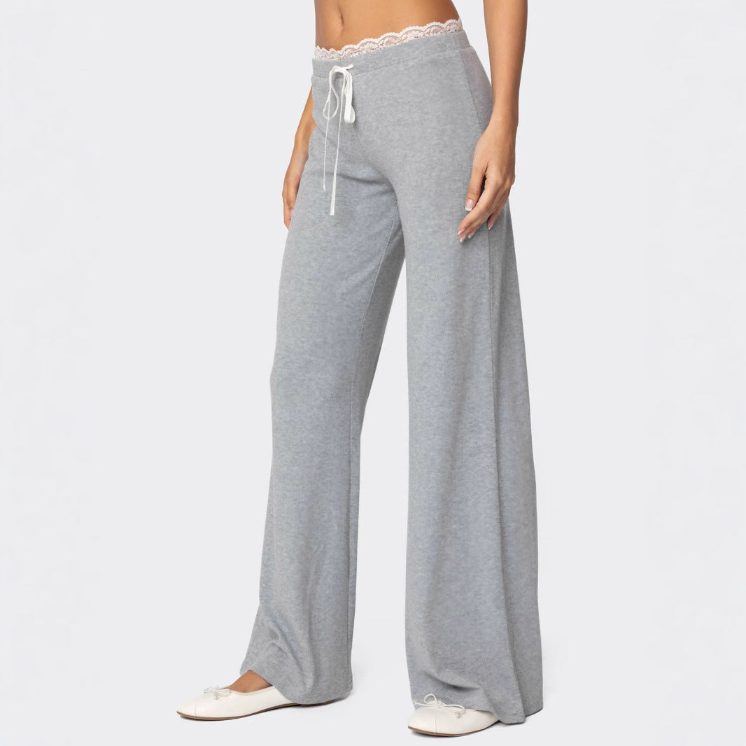 Damen Hellgraue Freizeithose mit elastischem Bund und dekorativem Spitzenabschluss R&B
