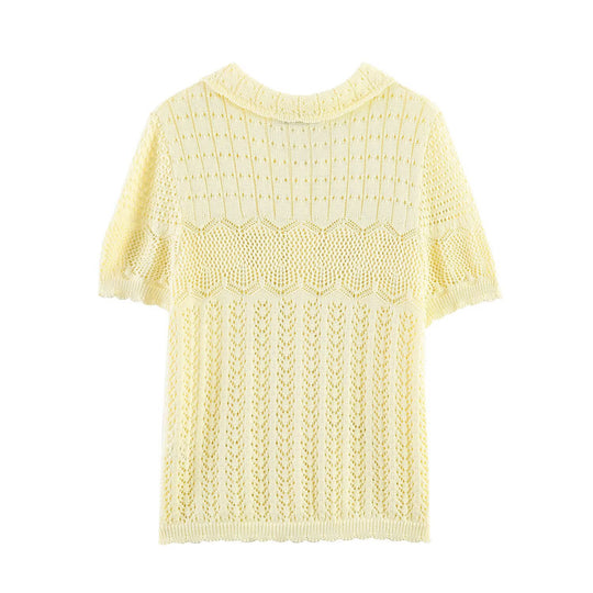 Damen Kurzarm Strickjacke mit feinem Lochmuster und klassischem Kragen R&B