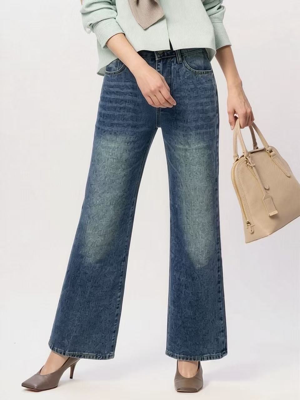 Damen weite High-Waist Jeans mit einzigartiger Textur R&B
