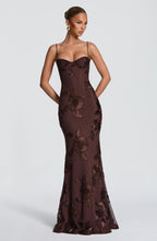Damen figurbetontes Abendkleid mit floralem Stickdesign und hochwertigem Stoff R&B