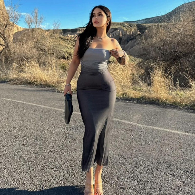 Damen figurbetontes Abendkleid mit schulterfreiem Design und eleganter Raffung R&B