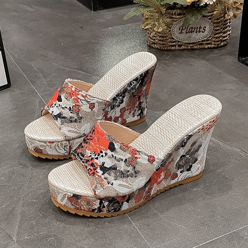 Damen Bequeme Platform-Pantoletten mit floralem Muster R&B