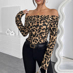 Damen Off-Shoulder Bodysuit mit modischem Leopardenprint und langen Ärmeln R&B