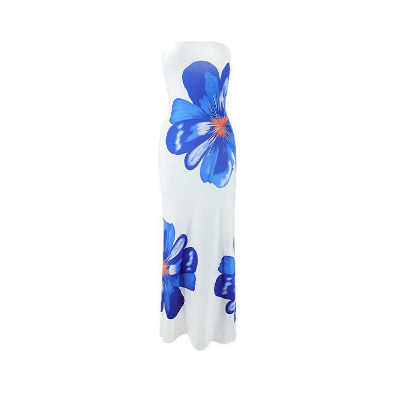 Damen schulterfreies Maxi-Kleid mit floralen Motiven und fließendem Schnitt R&B