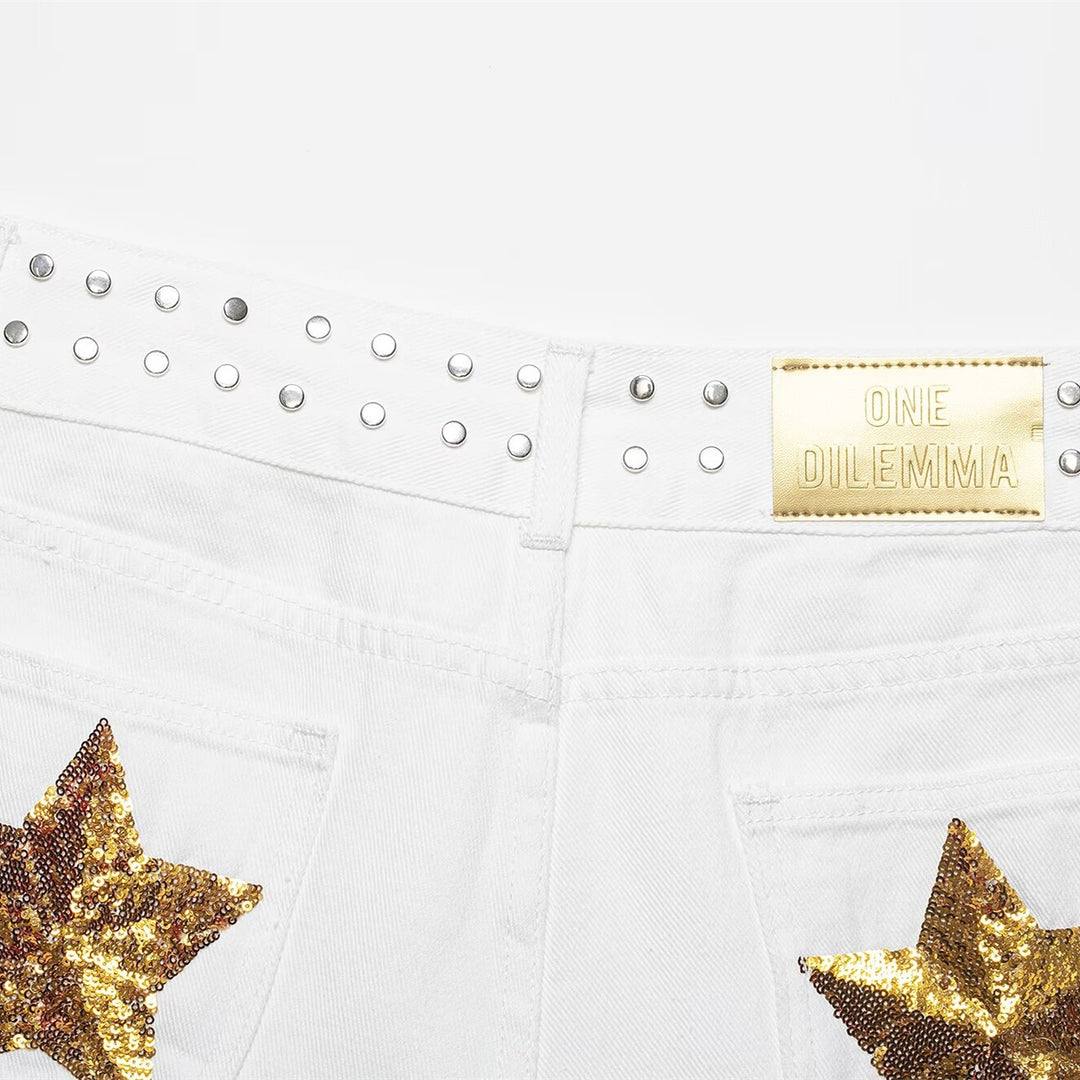 Damen modische Denim-Shorts mit dekorativem Nietenbund R&B