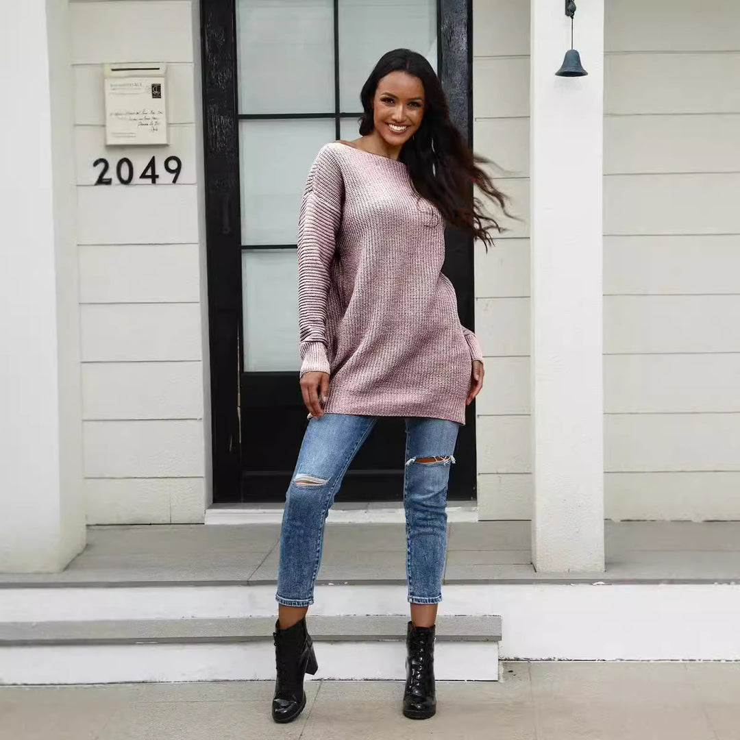 Damen lässiger Strickpullover mit weitem Ausschnitt und Rippstruktur R&B