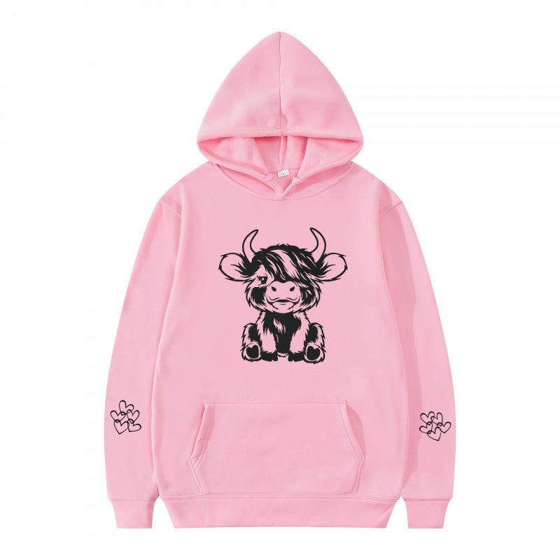 Damen Kapuzensweater mit entzückendem Kuhmotiv und praktischen Kängurutaschen R&B