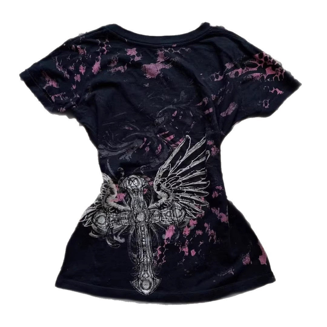 Damen V-Ausschnitt T-Shirt mit beeindruckendem Grafikkreuz R&B