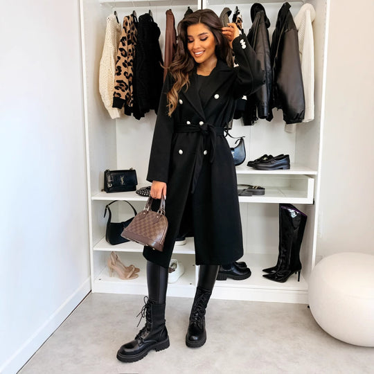 Damen eleganter Mantel mit Taillengürtel und doppelter Knopfblende R&B