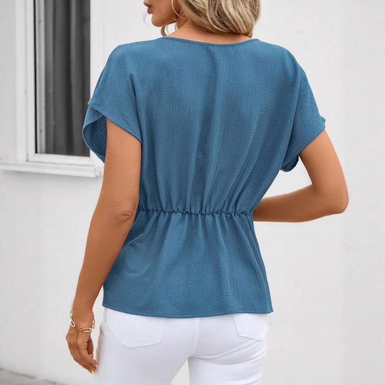 Damen nan tailliertes Kurzarm-Drapéshirt mit seitlicher Knotenschlinge und strukturierter Crêpeoptik R&B