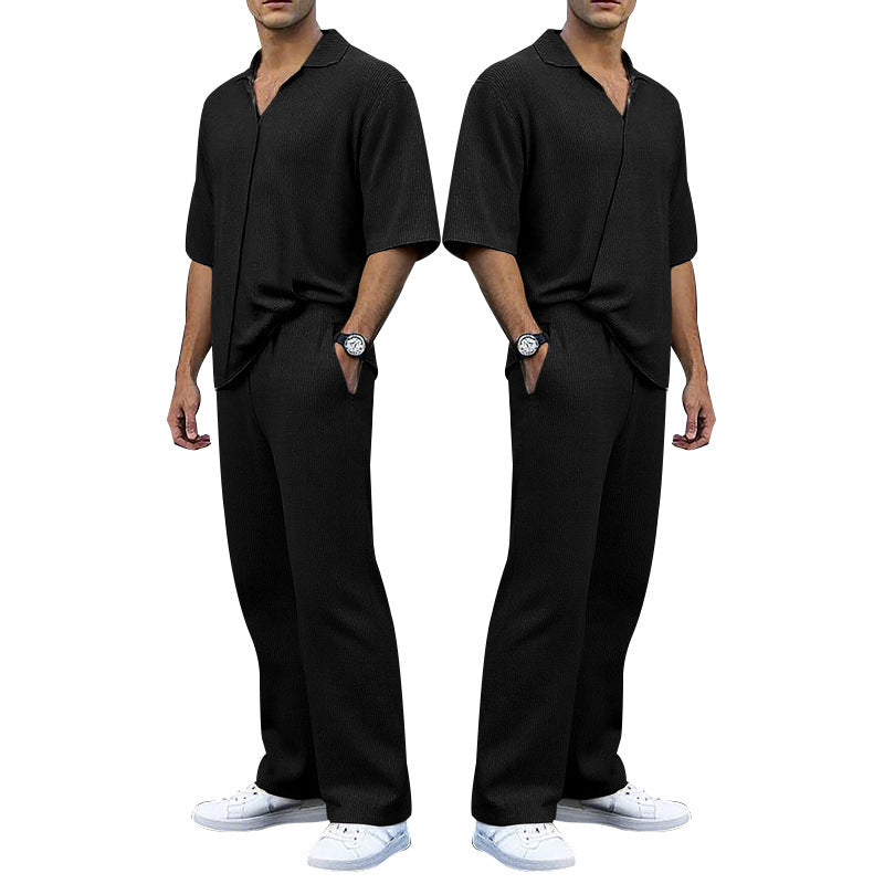 Herren nan feinstrukturierter Zweiteiler mit offenem Polokragen Kurzarmshirt und gerader Komfortbundhose R&B