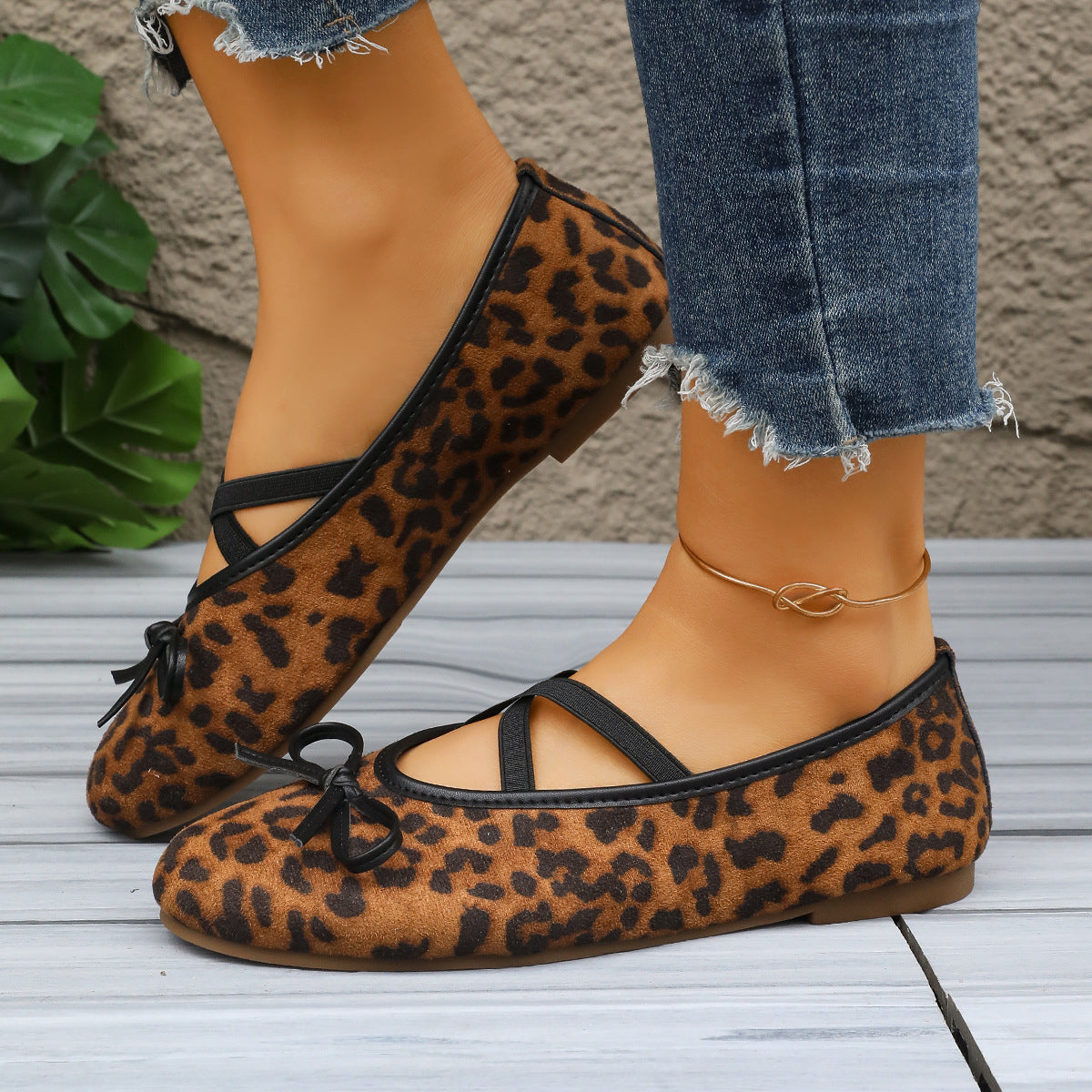 Damen Ballerinas mit verstellbarem Riemendesign und modischem Leopardenmuster R&B