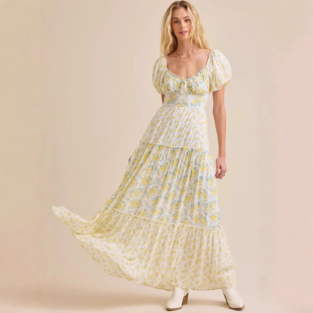 Damen Maxikleid mit blumigem Design und hochwertigen Puffärmeln R&B