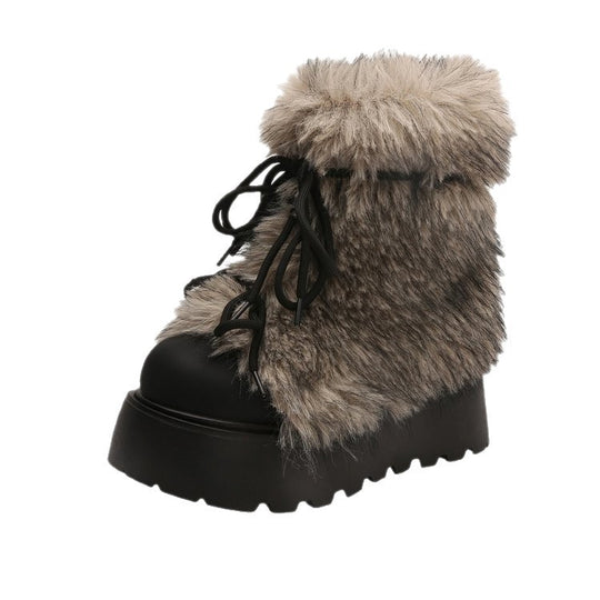 Damen Winterliche Schnür-Boots mit modischem Fellkragen und rutschfester Sohle R&B
