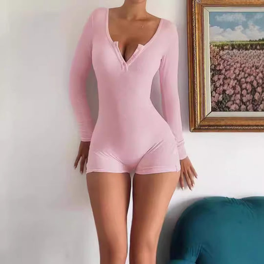 Damen Körperbetonter Langarm-Jumpsuit mit feinen Rippdetails R&B