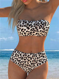 Damen Bandeau-Bikini mit hohem Taillenschnitt und stilvollem Leopardenmuster R&B