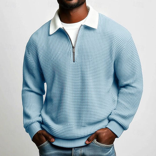 Herren nan strukturierter Waffelstrick-Pullover mit Polokragen und kurzem Reißverschluss R&B
