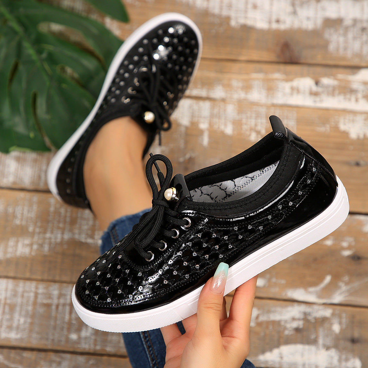 Damen modische Sneakers mit glitzernden Pailletten und präziser Schnürung R&B