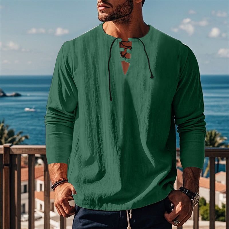 Herren modisches Langarmshirt mit Schnürung und V-Ausschnitt R&B