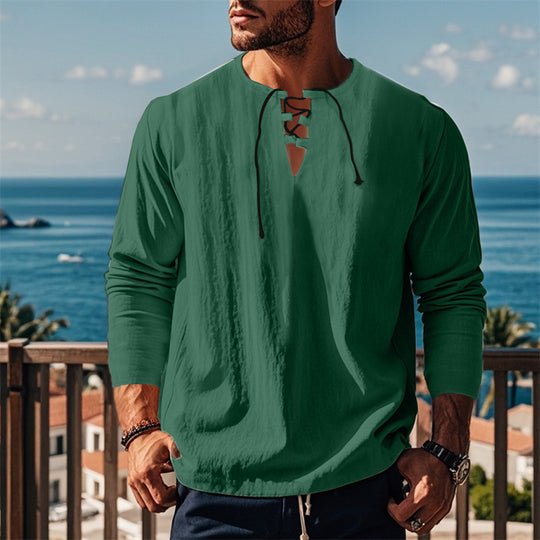 Herren modisches Langarmshirt mit Schnürung und V-Ausschnitt R&B