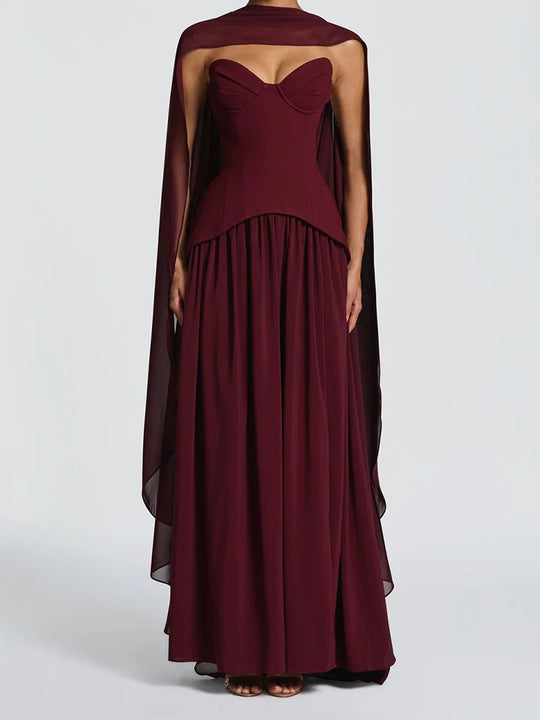 Damen Elegantes Maxikleid mit Abnehmbarem Cape R&B