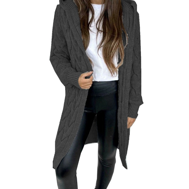 Damen Langer Strickmantel mit strukturiertem Zopfdesign und praktischer Kapuze R&B