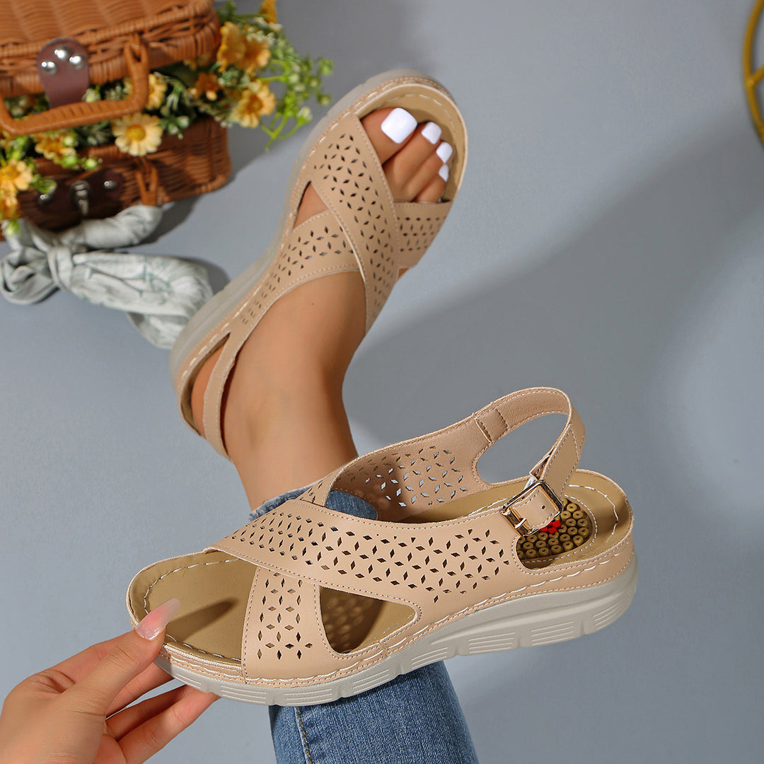 Damen Komfortable und atmungsaktive Wedge-Sandalen mit floralem Lochdesign R&B
