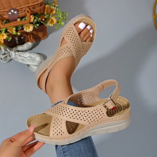 Damen Komfortable und atmungsaktive Wedge-Sandalen mit floralem Lochdesign R&B
