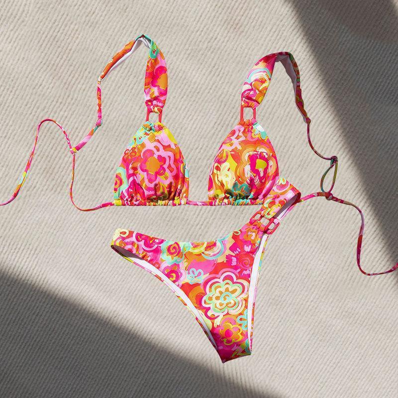 Damen Triangel-Bikini mit buntem floralem Design und verstellbaren Trägern R&B