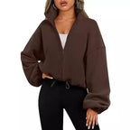 Damen lässiger Fleece-Pullover mit hohem Kragen und Kordelzug R&B