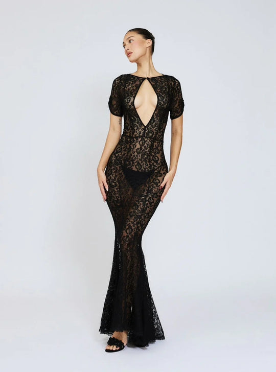 Damen Spitzenkleid mit tiefem Ausschnitt und ausgestelltem Schnitt R&B