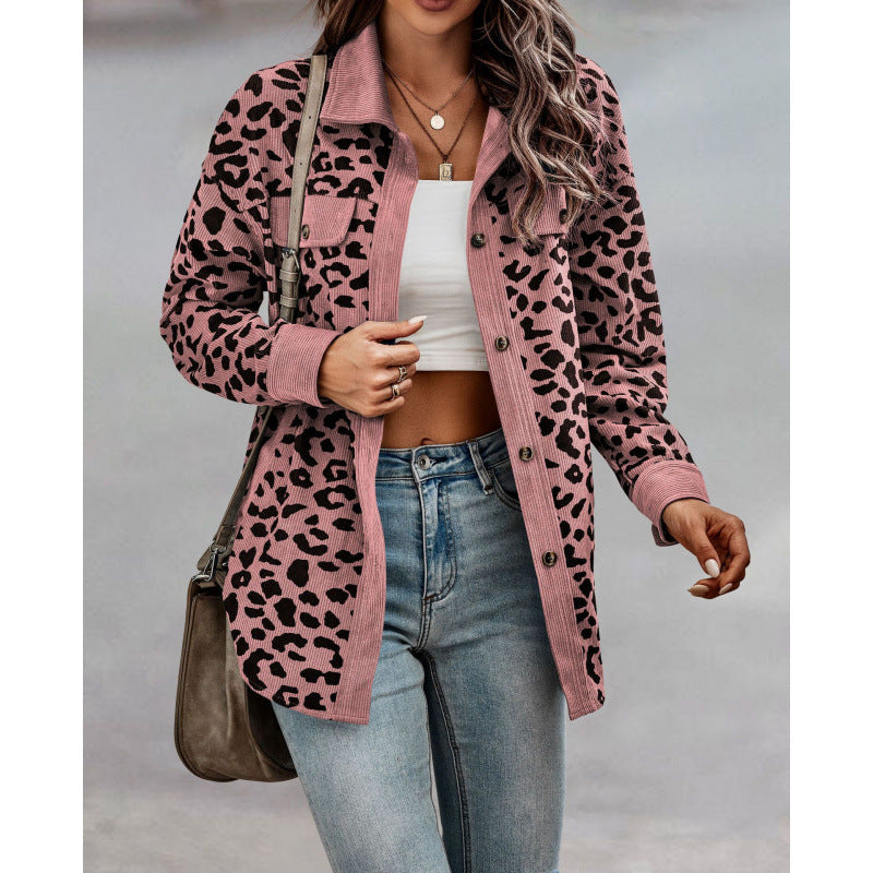 Damen tierisches Print-Langarm-Hemdjacke mit aufgesetzten Taschen R&B