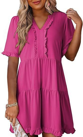 Damen nan leichtes Swingkleid mit V-Ausschnitt, gestufter Rockpartie und zarten Volants R&B