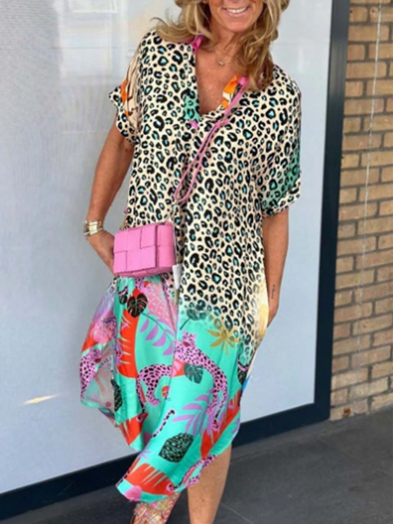 Damen nan locker sitzendes V-Ausschnitt Midikleid mit Leopardenmuster und Tropenmotiv R&B