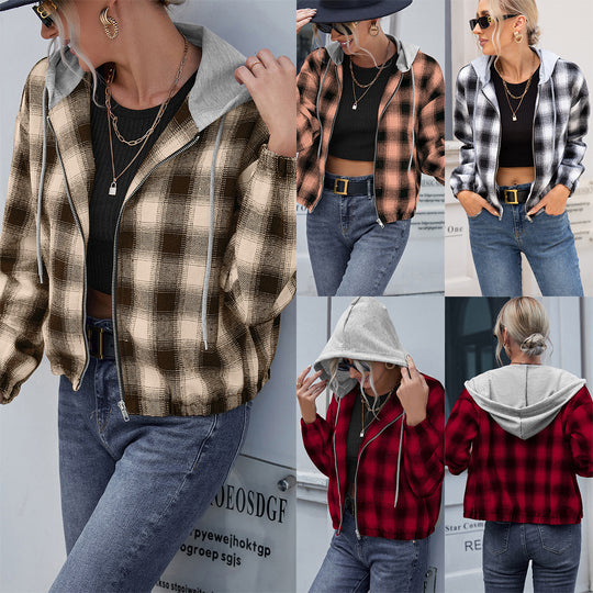 Damen lässige Baumwolljacke mit Karomuster und Kapuze R&B