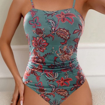 Damen Einteiler Badeanzug mit floralem Raffungselement R&B