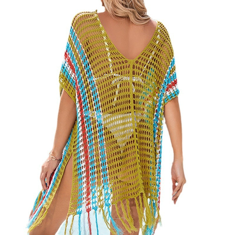 Damen luftiger Häkel-Strandüberwurf mit fransigen Details R&B