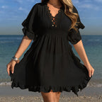 Damen luftiges Strandkleid mit Rüschendetails und vorteilhafter Schärpe R&B