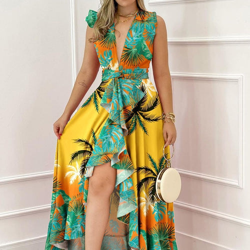 Damen Maxi-Kleid mit tiefem V-Ausschnitt und asymmetrischem Rock R&B
