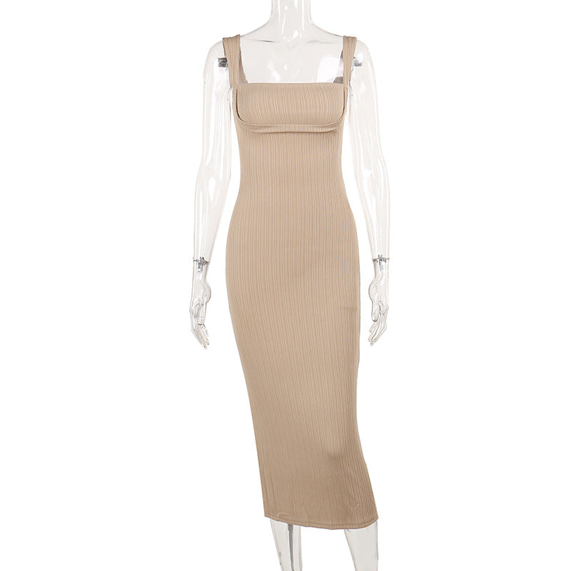 Damen figurbetontes Midi-Kleid mit quadratischem Ausschnitt und feinen Rippdetails R&B