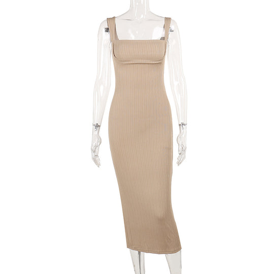 Damen figurbetontes Midi-Kleid mit quadratischem Ausschnitt und feinen Rippdetails R&B