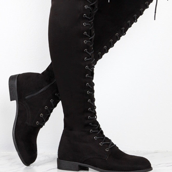 Damen Overkneestiefel aus weichem Wildleder mit dekorativem Schnür-Design R&B