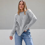 Damen Grobstrickpullover mit Wellenmuster und weitem Schnitt R&B