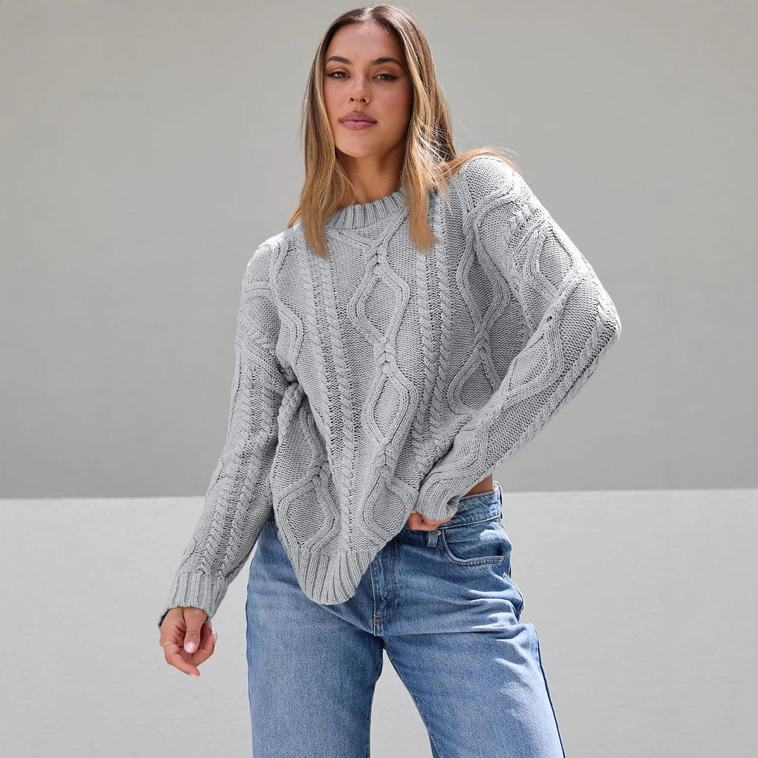 Damen Grobstrickpullover mit Wellenmuster und weitem Schnitt R&B