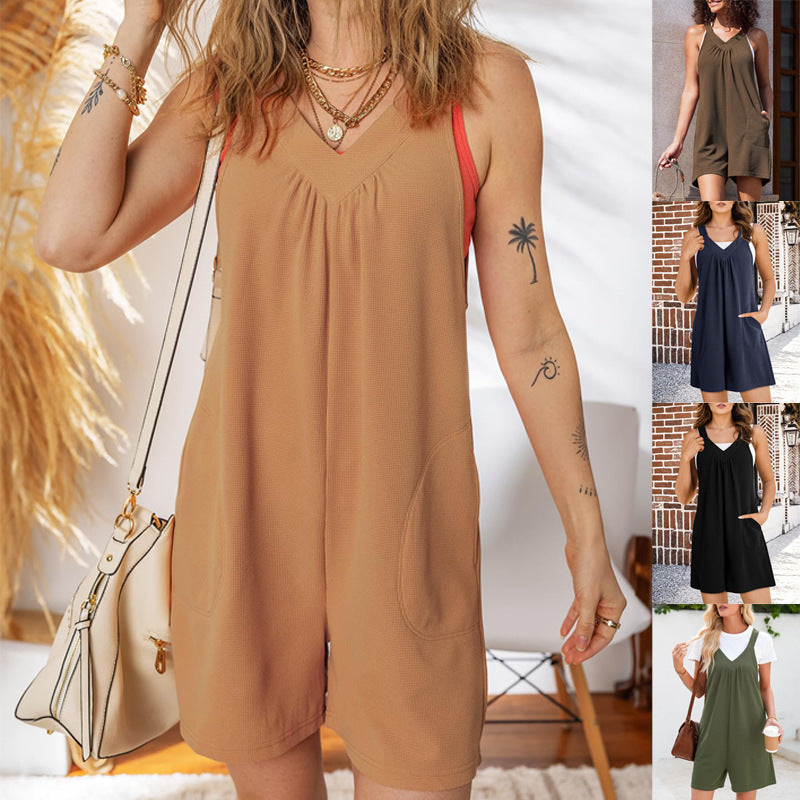 Damen Einteiliger Jumpsuit mit tiefem V-Ausschnitt und praktischen Taschen R&B
