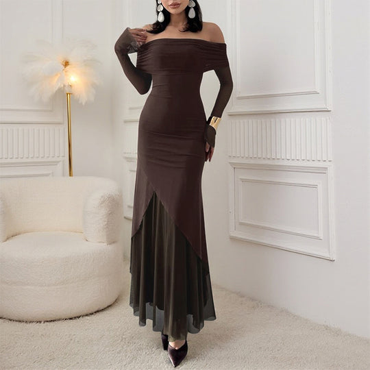 Damen elegantes schulterfreies Maxikleid mit raffiniertem Rüschenoberteil und asymmetrischem Saum R&B