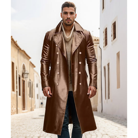 Herren Eleganter, glänzender Trenchcoat mit abnehmbarem Kragen R&B